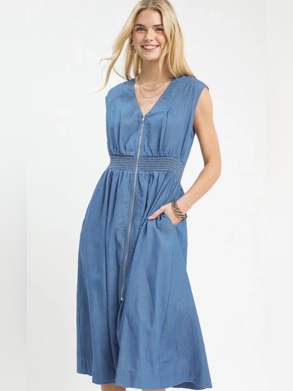 🩵Hello Gorgeous! Denim Sleeveless Zip-Front Smocked Waist Midi Dress